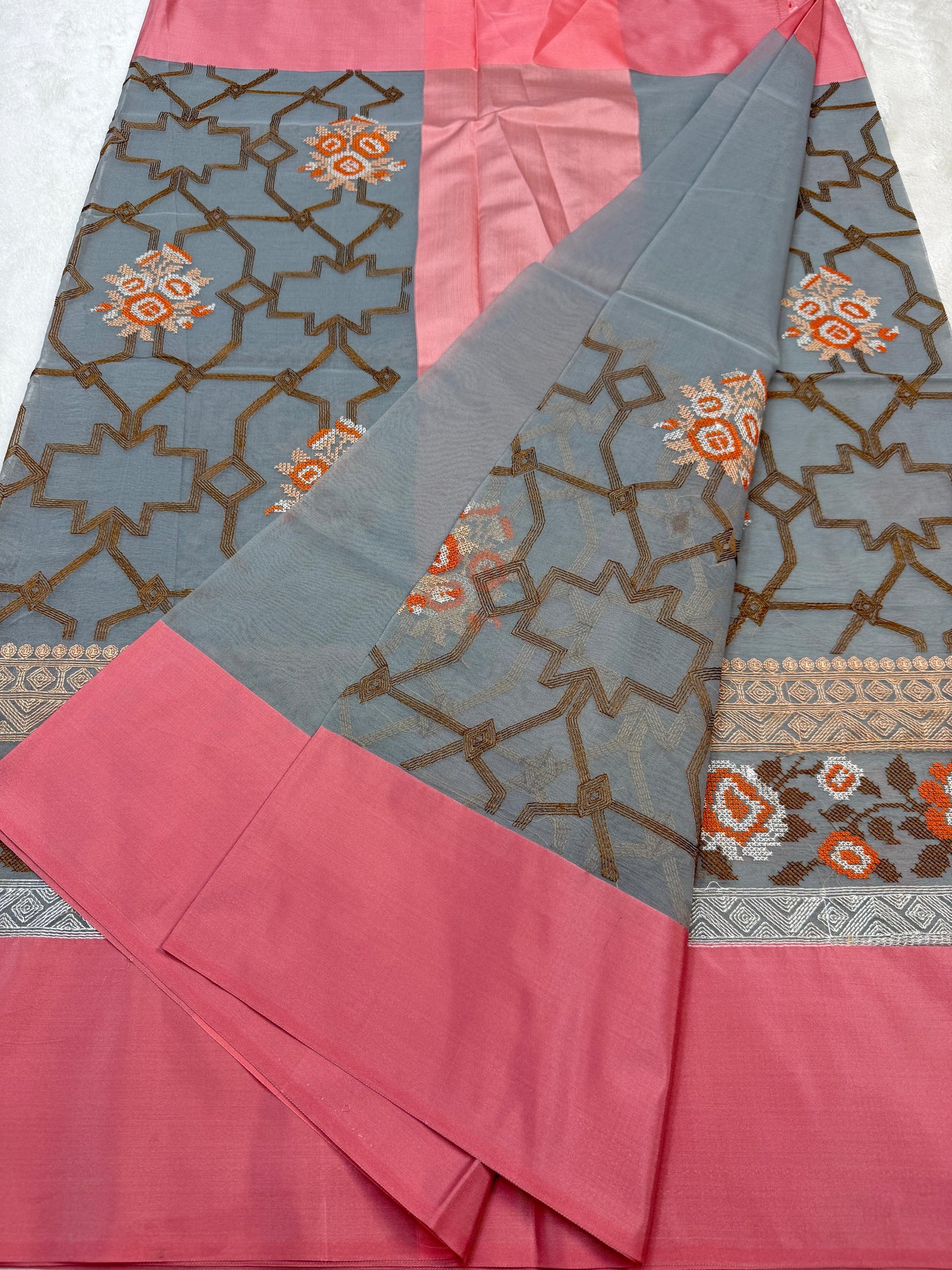 Gray & Pink Shade Kora Organza Embroidery Banarasi Saree