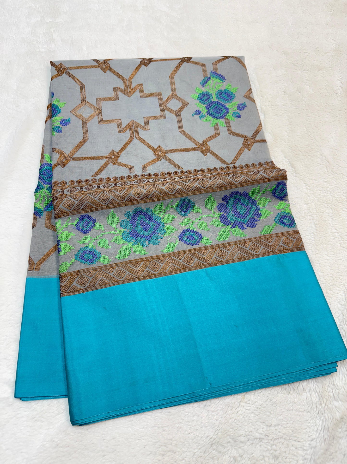 Gray & Blue Shade Kora Organza Embroidery Banarasi Saree