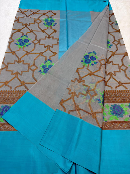 Gray & Blue Shade Kora Organza Embroidery Banarasi Saree