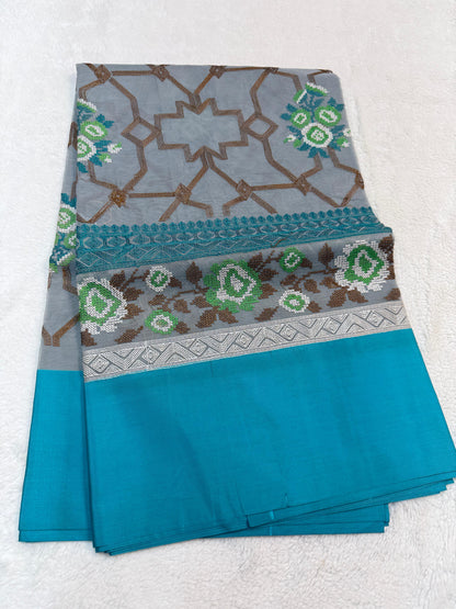 Gray & Blue Shade Kora Organza Embroidery Banarasi Saree