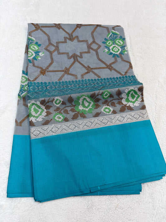 Gray & Blue Shade Kora Organza Embroidery Banarasi Saree