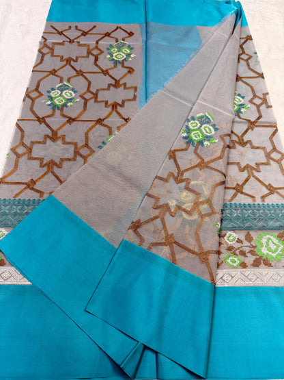 Gray & Blue Shade Kora Organza Embroidery Banarasi Saree