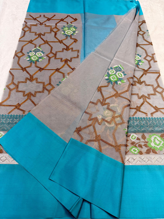 Gray & Blue Shade Kora Organza Embroidery Banarasi Saree
