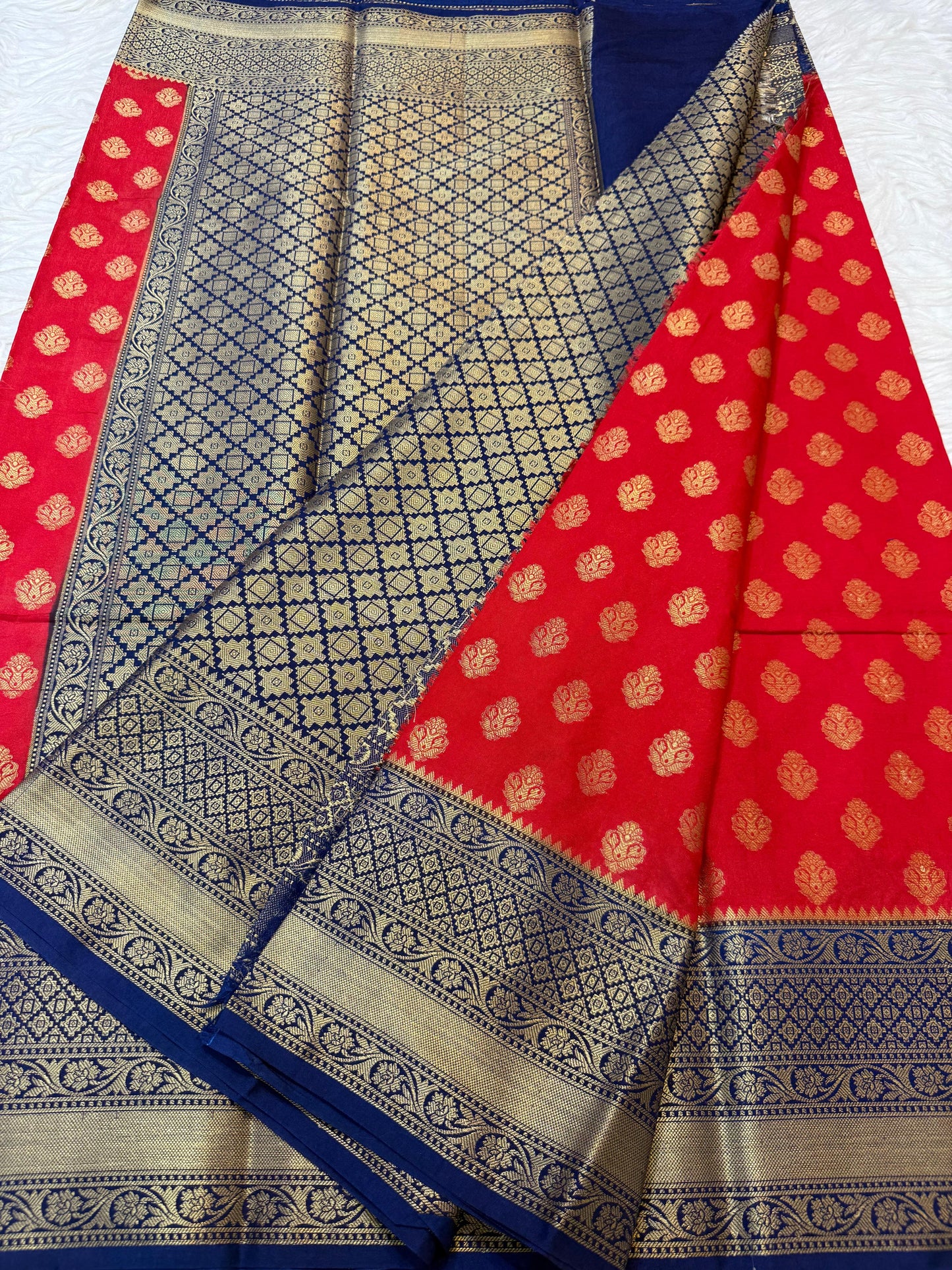 Red And Blue Dupion Silk Premium Banarasi Saree