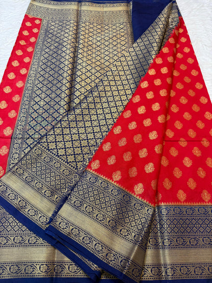 Red And Blue Dupion Silk Premium Banarasi Saree