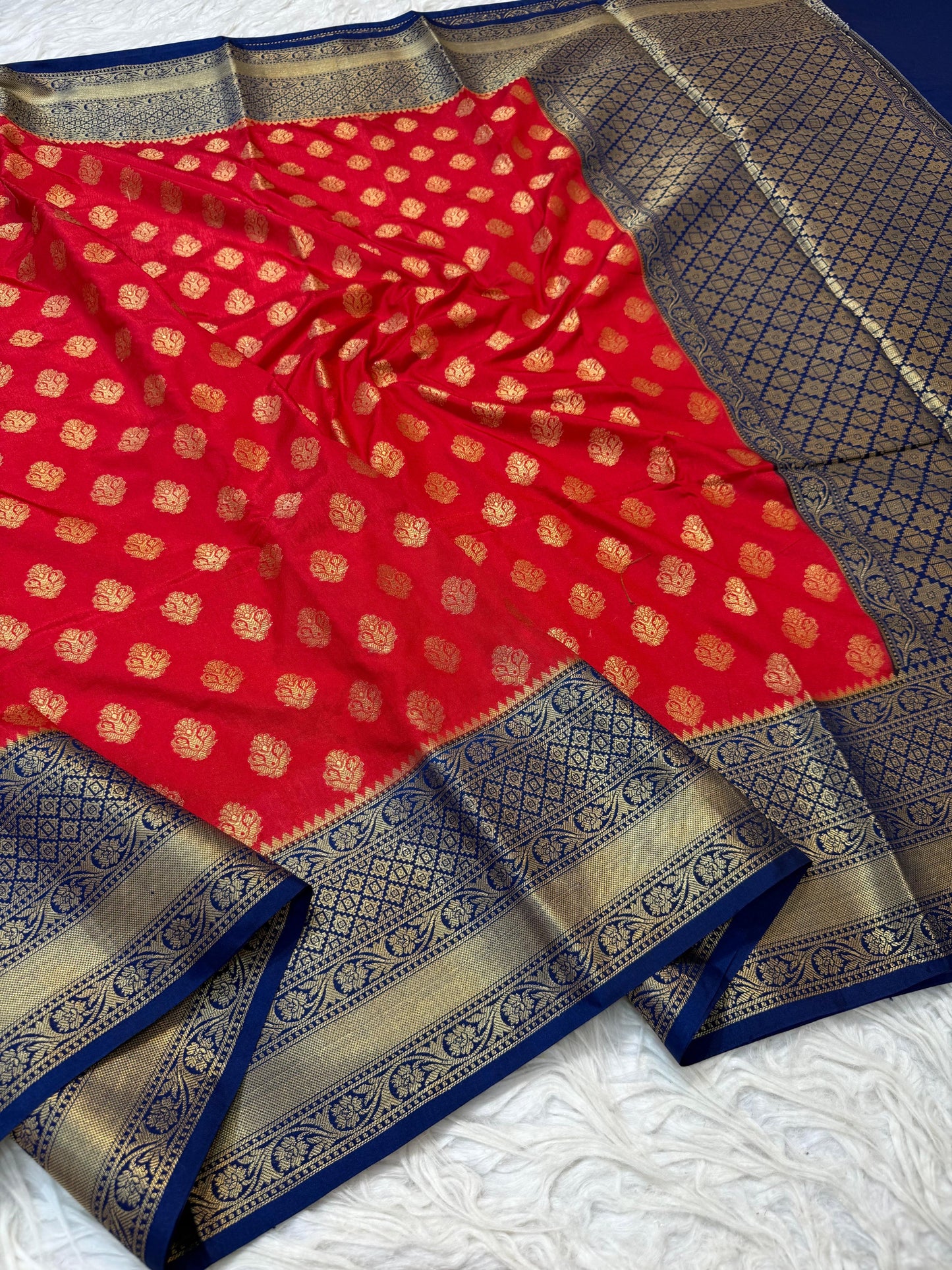 Red And Blue Dupion Silk Premium Banarasi Saree