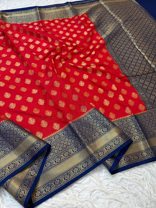 Red And Blue Dupion Silk Premium Banarasi Saree