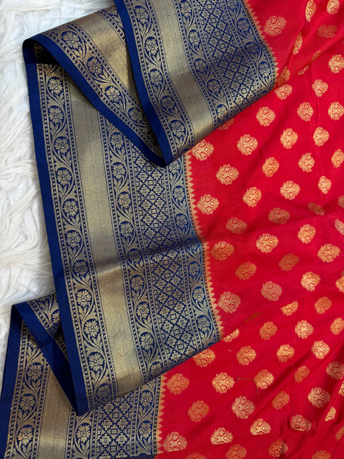 Red And Blue Dupion Silk Premium Banarasi Saree