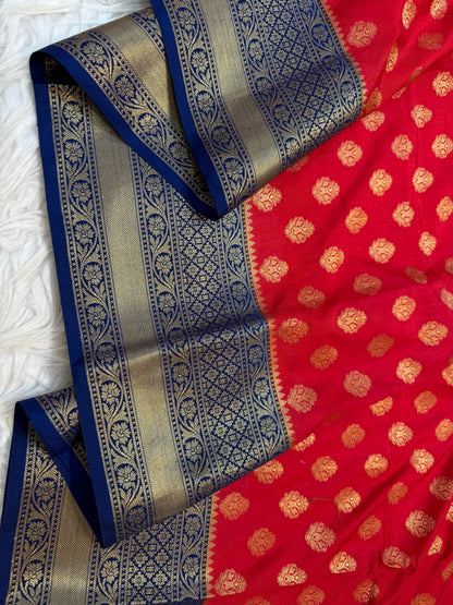 Red And Blue Dupion Silk Premium Banarasi Saree