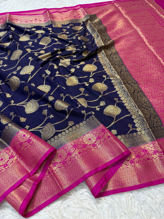 Navy Blue Dupion Silk Premium Banarasi Saree