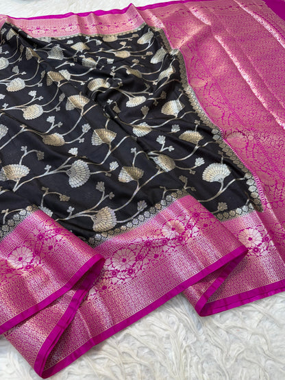 Black And Magenta Dupion Silk Premium Banarasi Saree