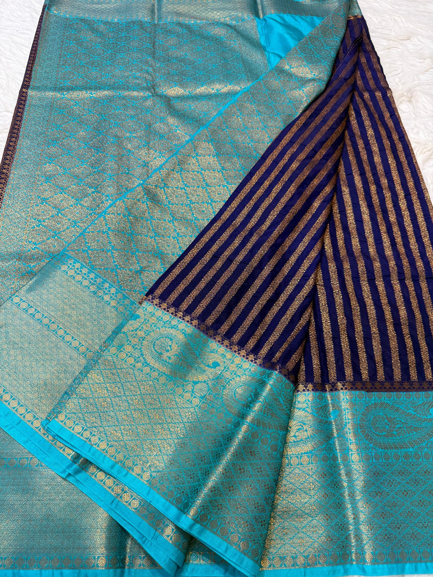 Blue And Firozi Dupion Silk Premium Banarasi Saree