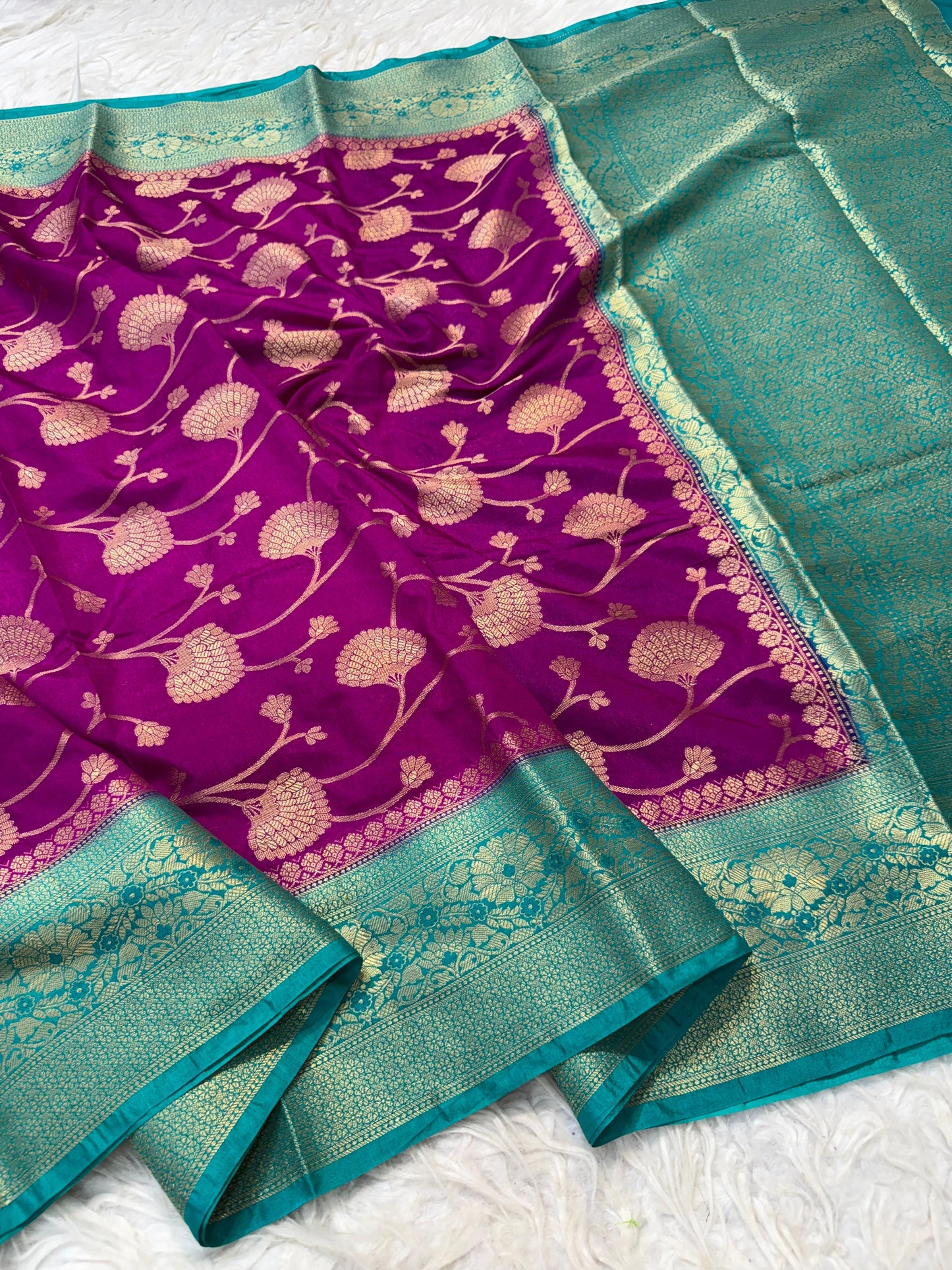 Magenta And Peacock Dupion Silk Premium Banarasi Saree