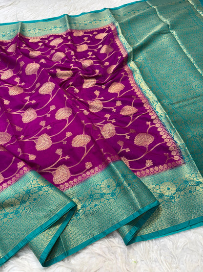 Magenta And Peacock Dupion Silk Premium Banarasi Saree