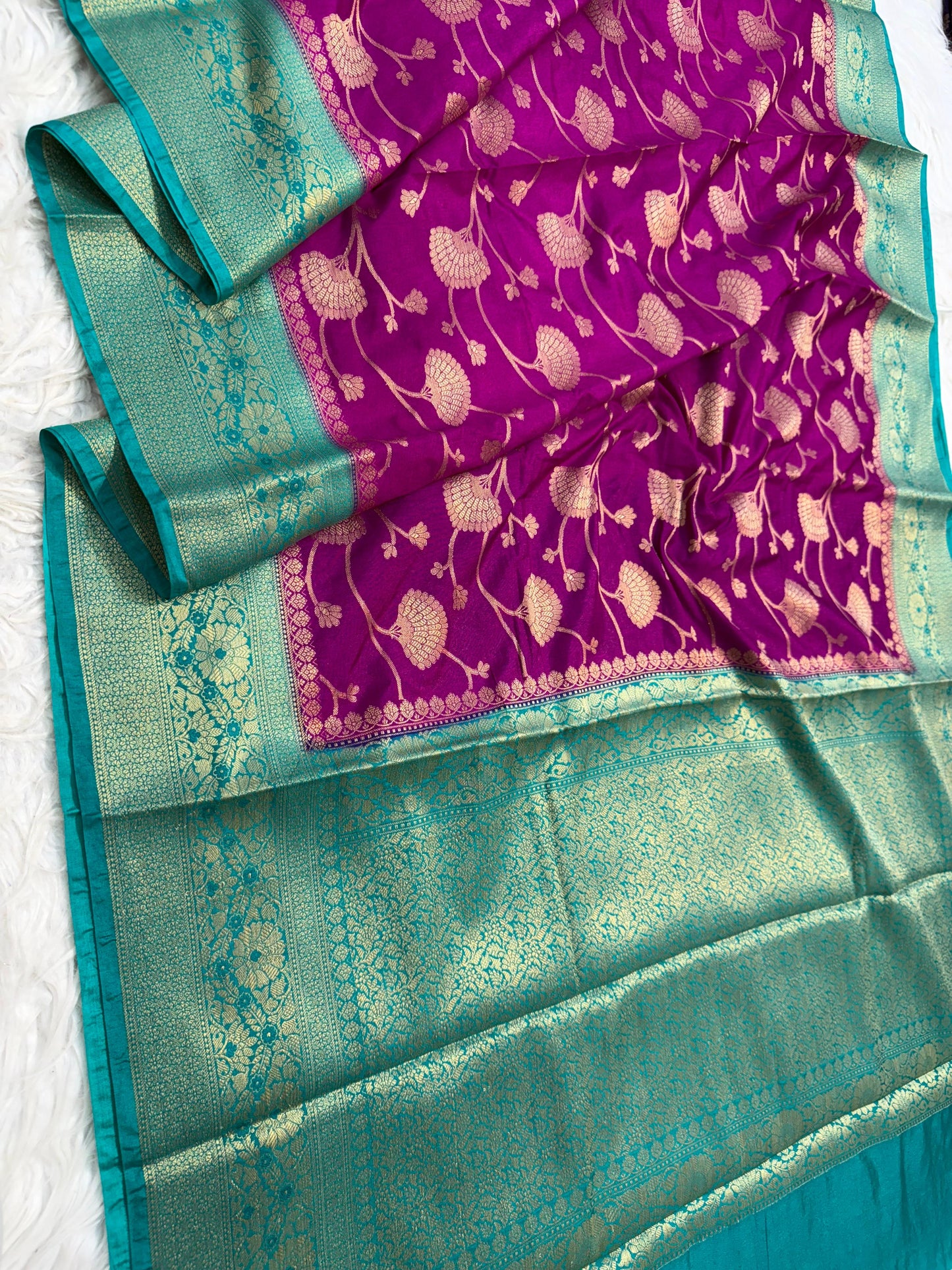 Magenta And Peacock Dupion Silk Premium Banarasi Saree