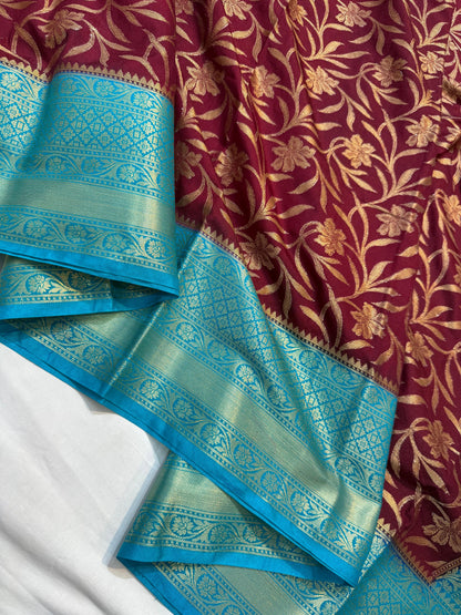 Burgundy And Firozi Dupion Silk Premium Banarasi Saree