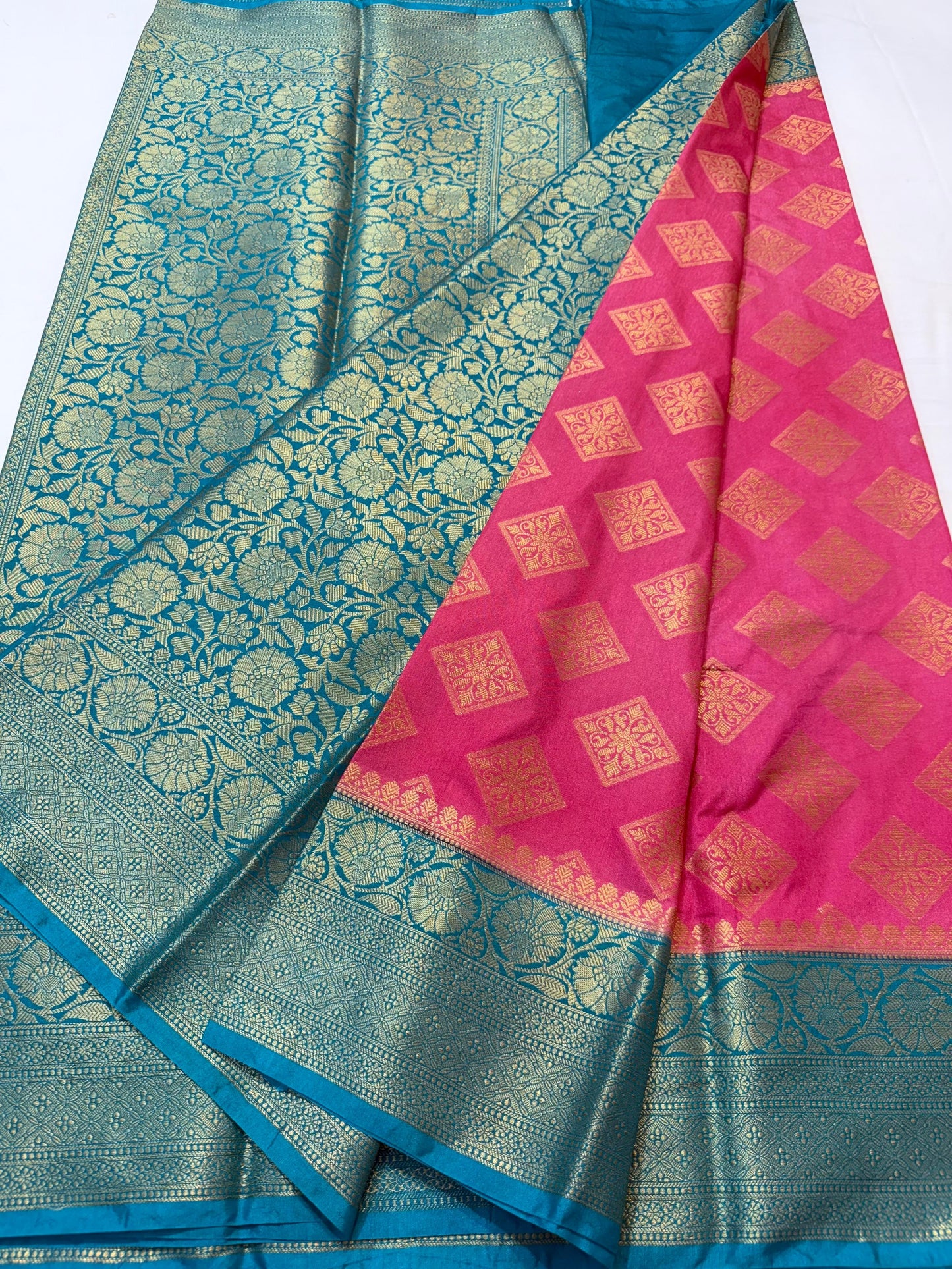 Pink And Firozi Dupion Silk Premium Banarasi Saree