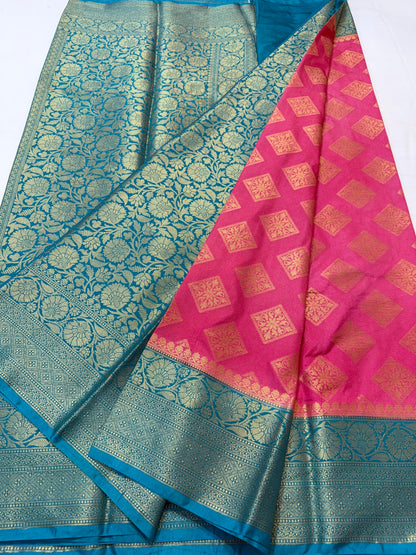 Pink And Firozi Dupion Silk Premium Banarasi Saree