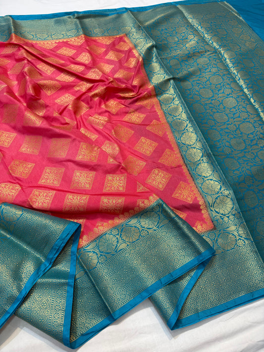 Pink And Firozi Dupion Silk Premium Banarasi Saree