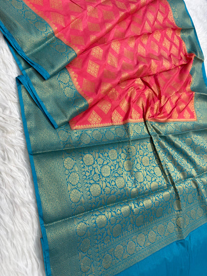 Pink And Firozi Dupion Silk Premium Banarasi Saree