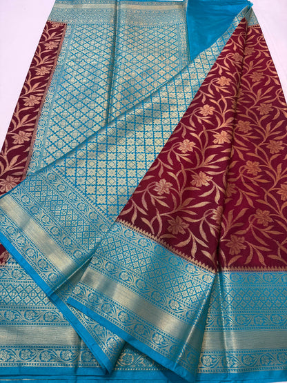 Burgundy And Firozi Dupion Silk Premium Banarasi Saree