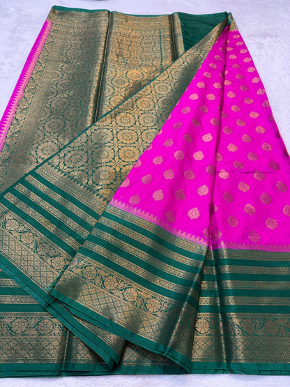 Magenta Pink And Bottole Green Dupion Silk Premium Banarasi Saree
