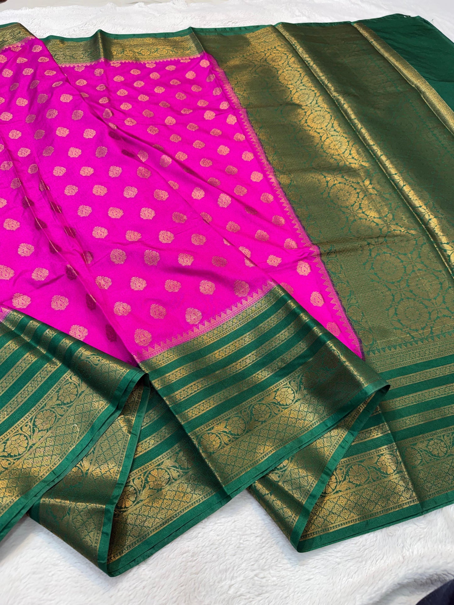 Magenta Pink And Bottole Green Dupion Silk Premium Banarasi Saree
