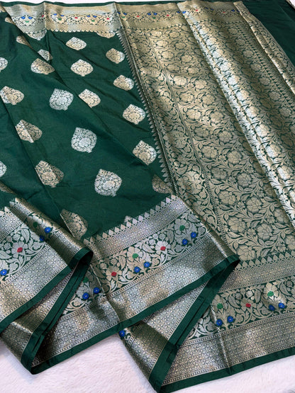 Bottle Green  Dupion Silk Premium Banarasi Saree