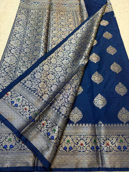 Prussian Blue Dupion Silk Premium Banarasi Saree