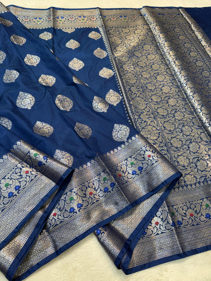 Prussian Blue Dupion Silk Premium Banarasi Saree