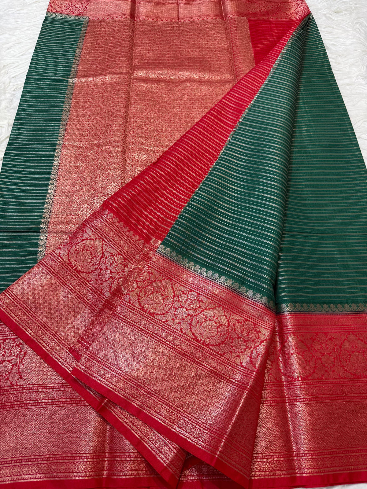Green And Red Dupion Silk Banarasi Saree