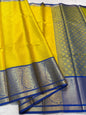 Gold And Blue Kora Blue Silk Banrasi Saree