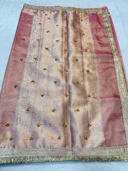 Pink Tissue Ghungaroo With Lace Premium Banarasi Saree