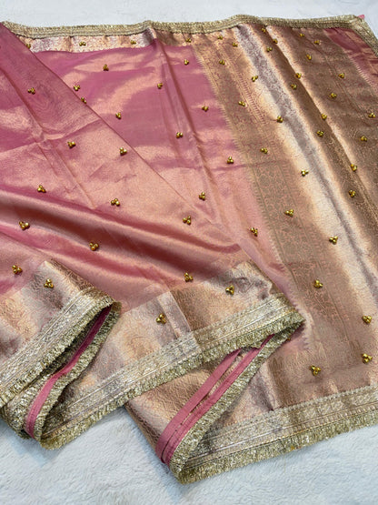 Pink Tissue Ghungaroo With Lace Premium Banarasi Saree