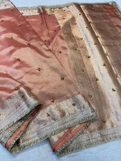 Peach Tissue Ghungaroo With Lace Premium Banarasi Saree
