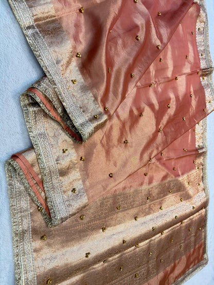 Peach Tissue Ghungaroo With Lace Premium Banarasi Saree