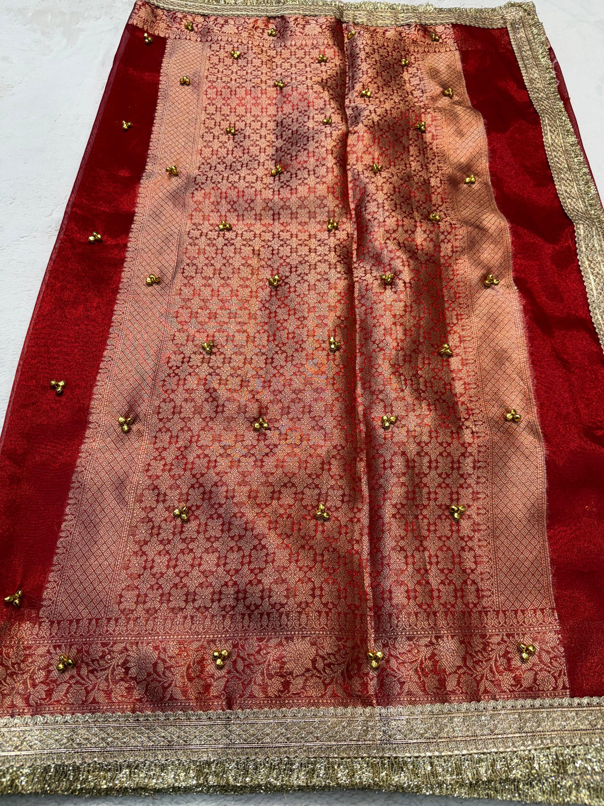 Red Tissue Ghungaroo With Lace Premium Banarasi Saree
