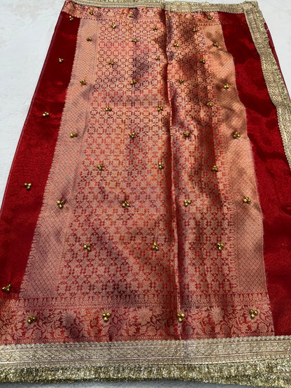 Red Tissue Ghungaroo With Lace Premium Banarasi Saree