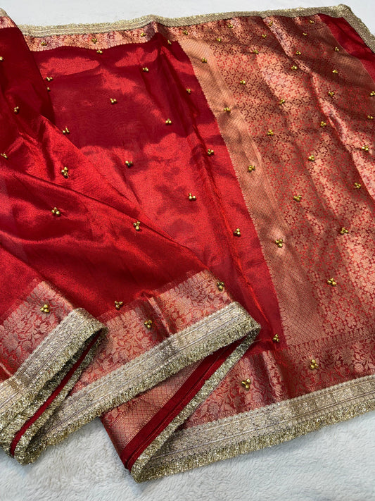 Red Tissue Ghungaroo With Lace Premium Banarasi Saree