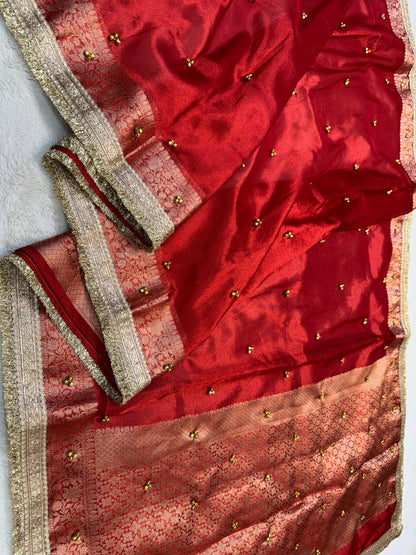 Red Tissue Ghungaroo With Lace Premium Banarasi Saree