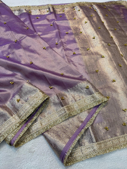 Lovender Tissue Ghungaroo With Lace Premium Banarasi Saree