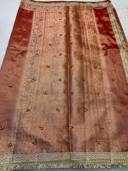 Orange Tissue Ghungaroo With Lace Premium Banarasi Saree