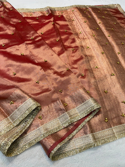 Orange Tissue Ghungaroo With Lace Premium Banarasi Saree