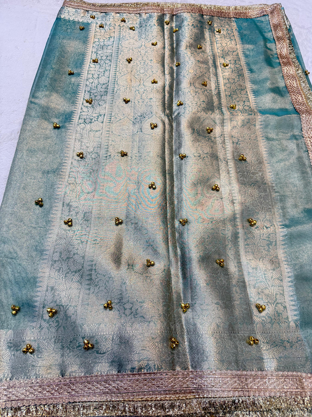 Light BlueTissue  Ghungaroo With Lace Premium Banarasi Saree