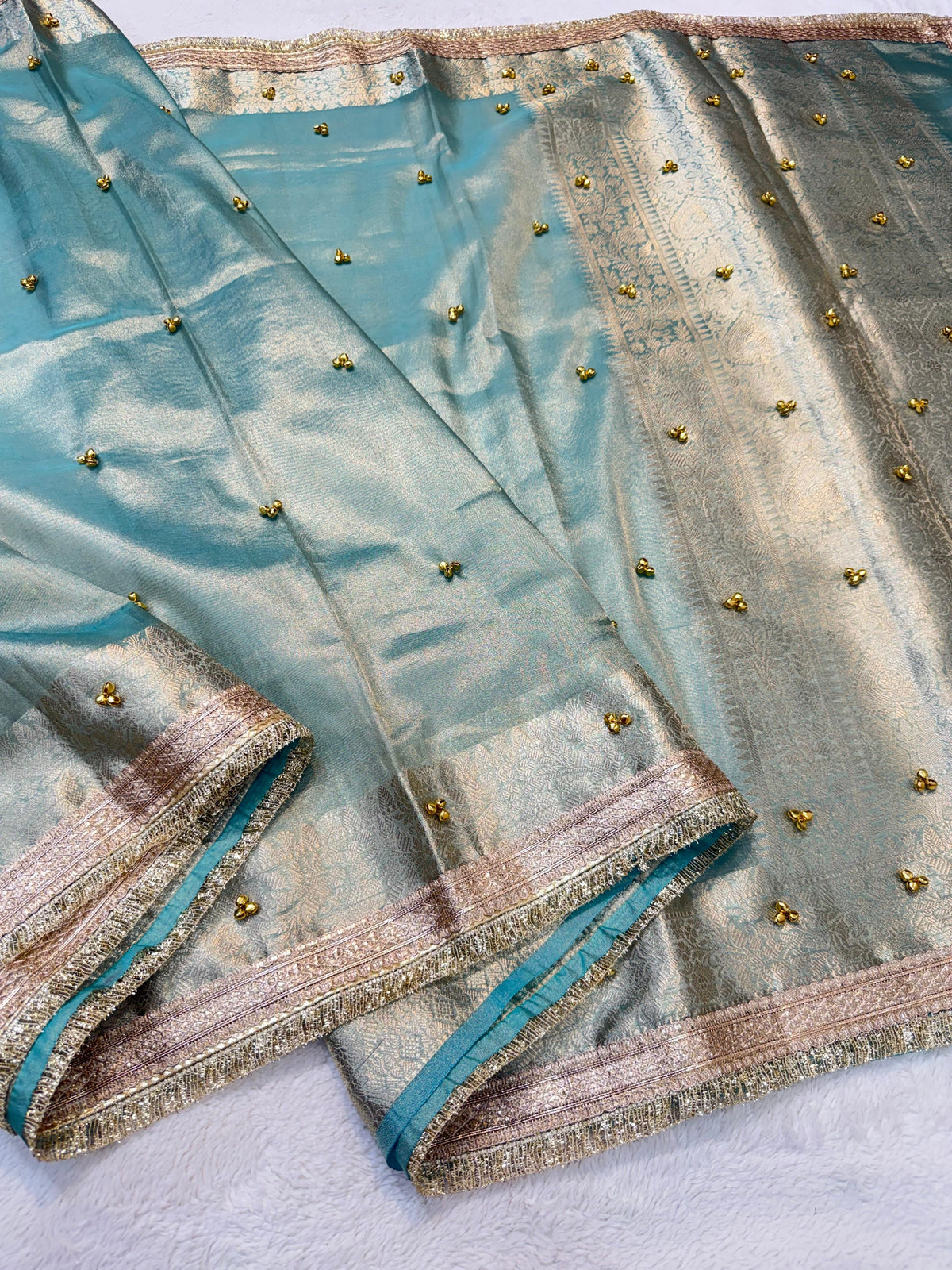 Light BlueTissue  Ghungaroo With Lace Premium Banarasi Saree