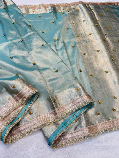 Light BlueTissue  Ghungaroo With Lace Premium Banarasi Saree