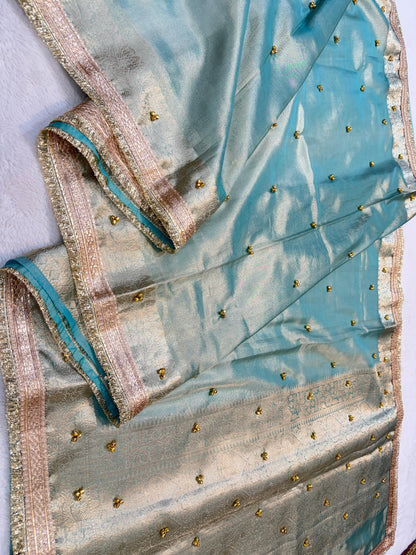Light BlueTissue  Ghungaroo With Lace Premium Banarasi Saree