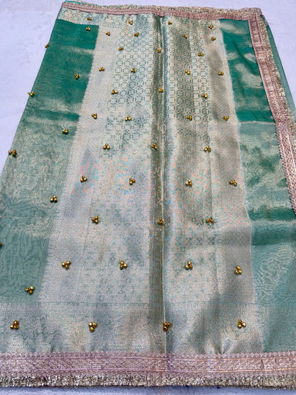 Sea Green Tissue Ghungaroo With Lace Premium Banarasi Saree