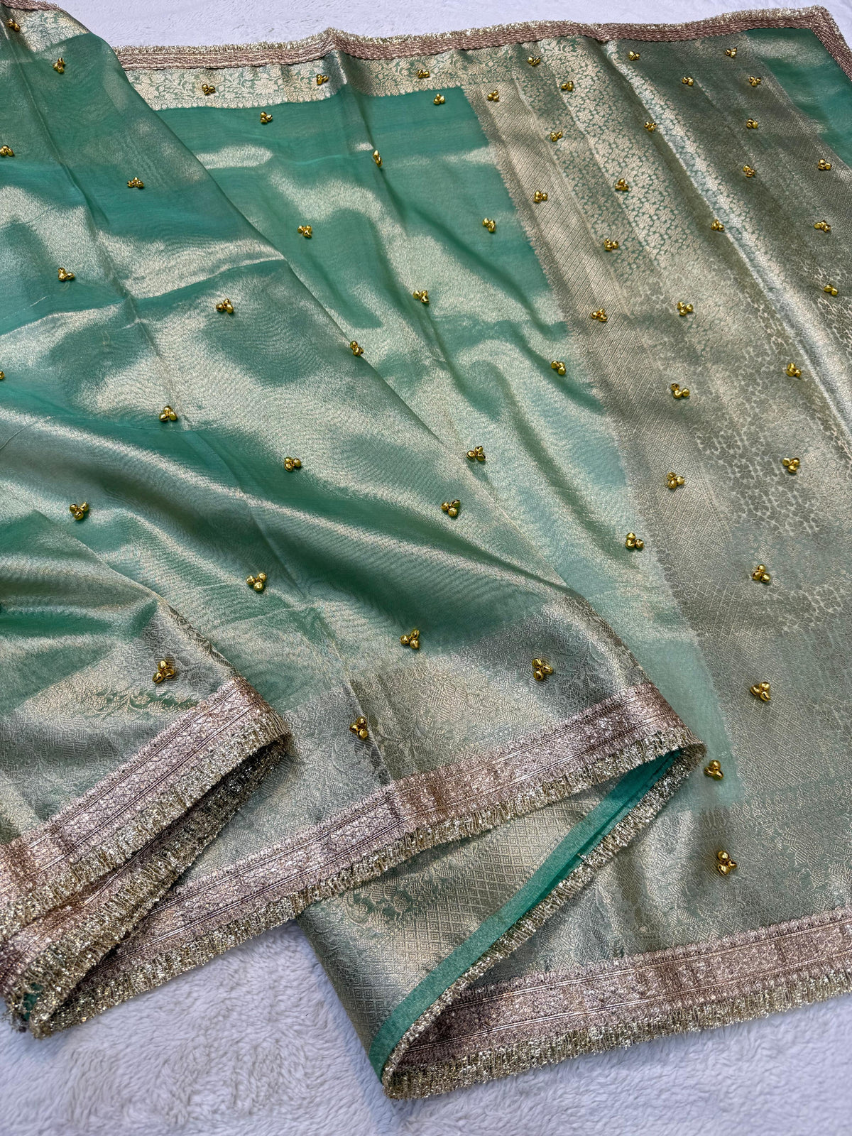 Sea Green Tissue Ghungaroo With Lace Premium Banarasi Saree