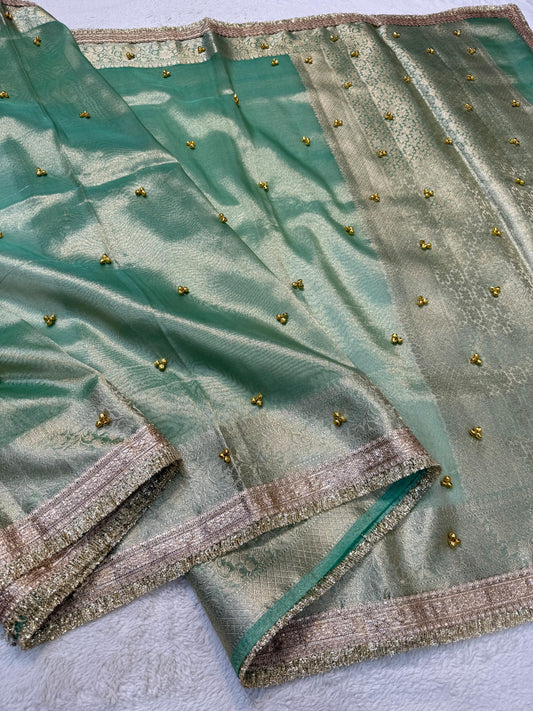 Sea Green Tissue Ghungaroo With Lace Premium Banarasi Saree